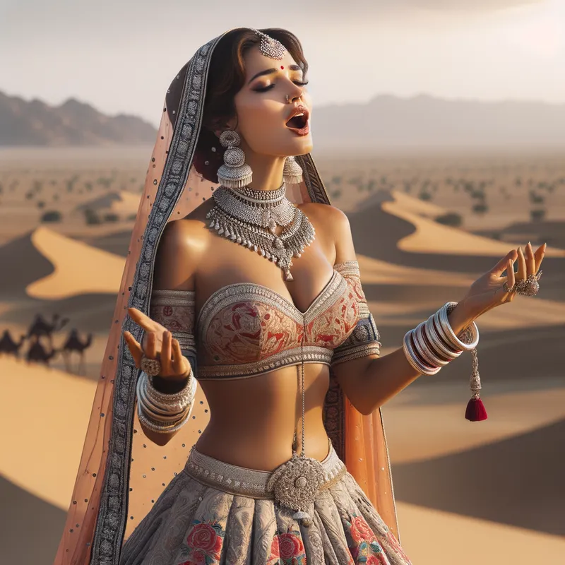 Cultural Serenade - A beautiful Rajasthani woman singing passionately, adorned with a lehenga choli and traditional silver jewelry, as the Thar Desert stretches out behind her. - AI image generated with Art