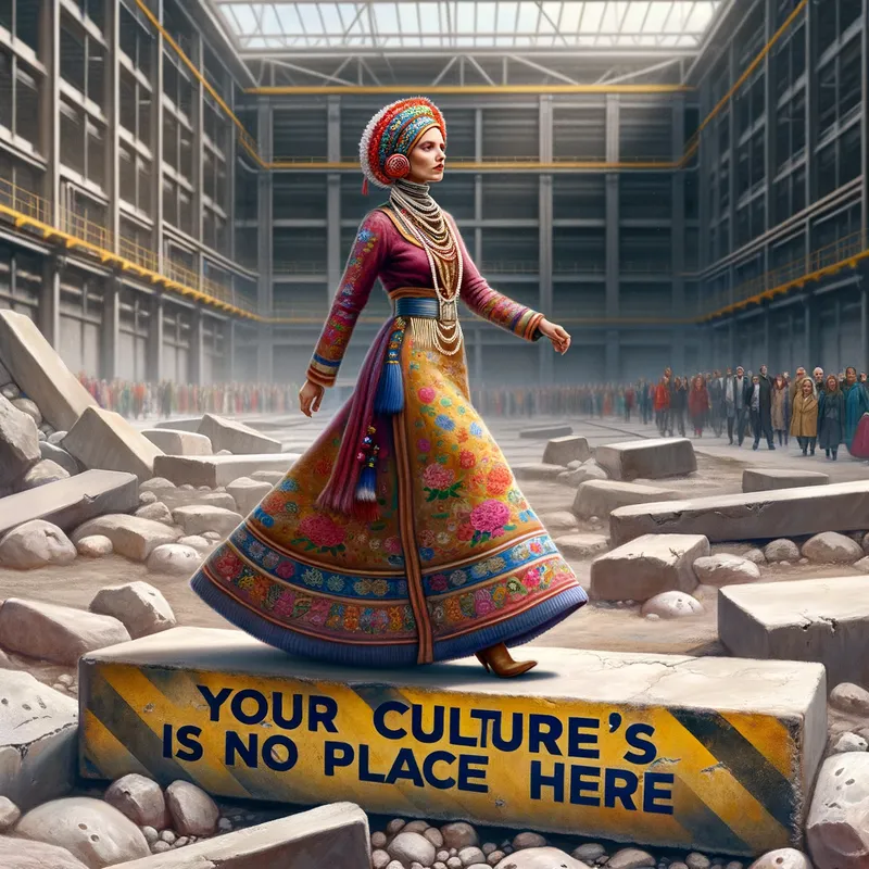 Cultural Stride - A dignified woman in symbolic cultural clothing walks over a partially buried sign that reads 'your culture has no place here'. She is surrounded by a stark, industrial setting, but she carries an aura of strength, her presence bringing life and color to the gloomy scenery. - AI image generated with Art
