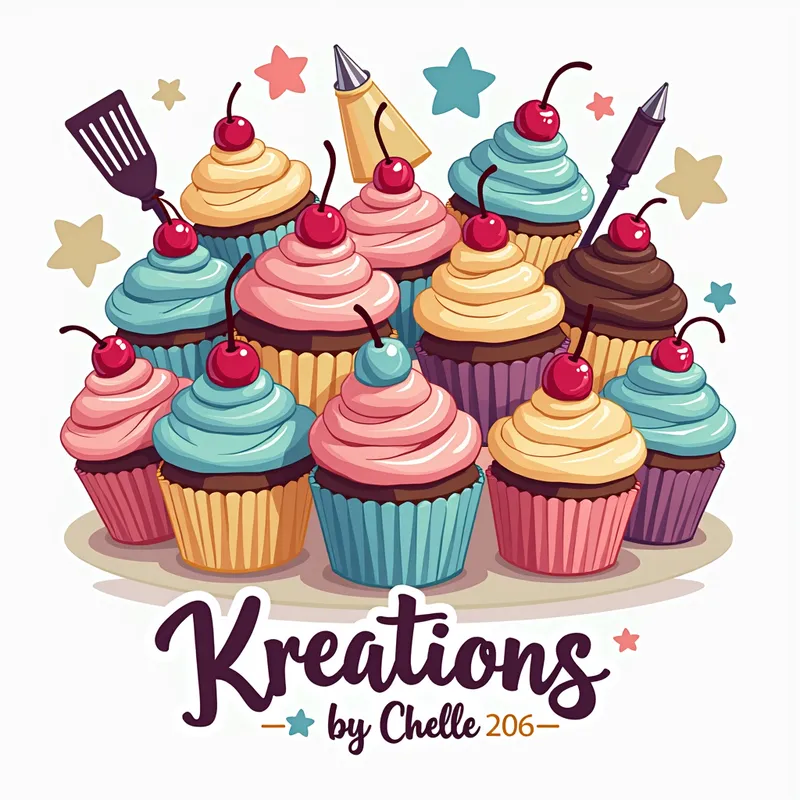 Cupcake Fantasy Logo - A whimsical logo for 'KreationsbyChelle206', featuring an array of multi-colored cupcakes and an assortment of baking utensils such as cookie cutters and piping bags, all integrated into a fun, captivating design. - AI image generated with Text