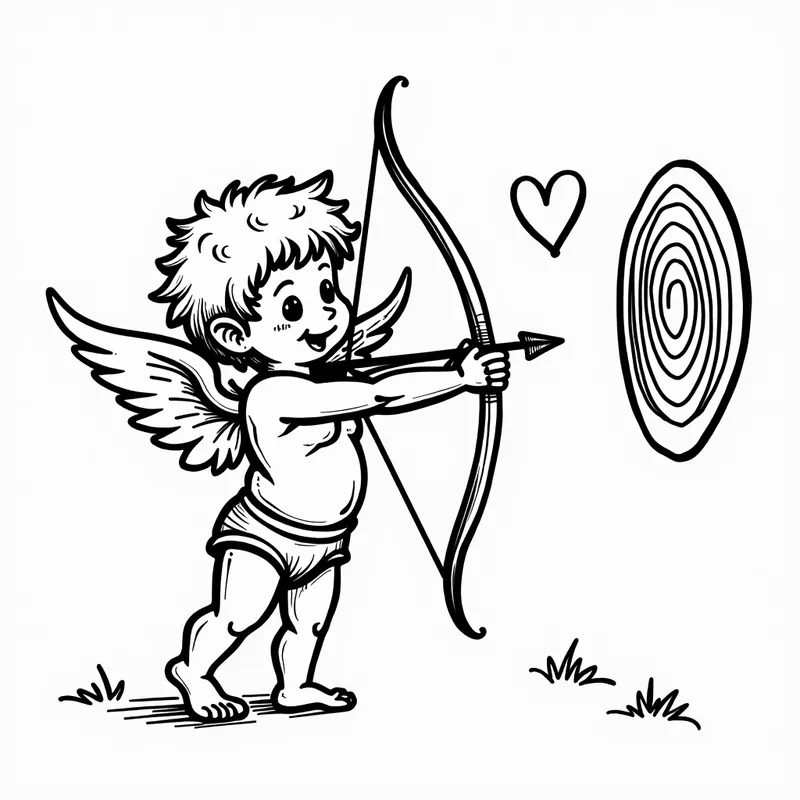 Cupid and Arrow - A fun tracing page with Cupid holding a bow and arrow, aiming at a heart target, themed for Valentine's Day. - AI image generated with Photorealistic 2 - cartoony, doodle
