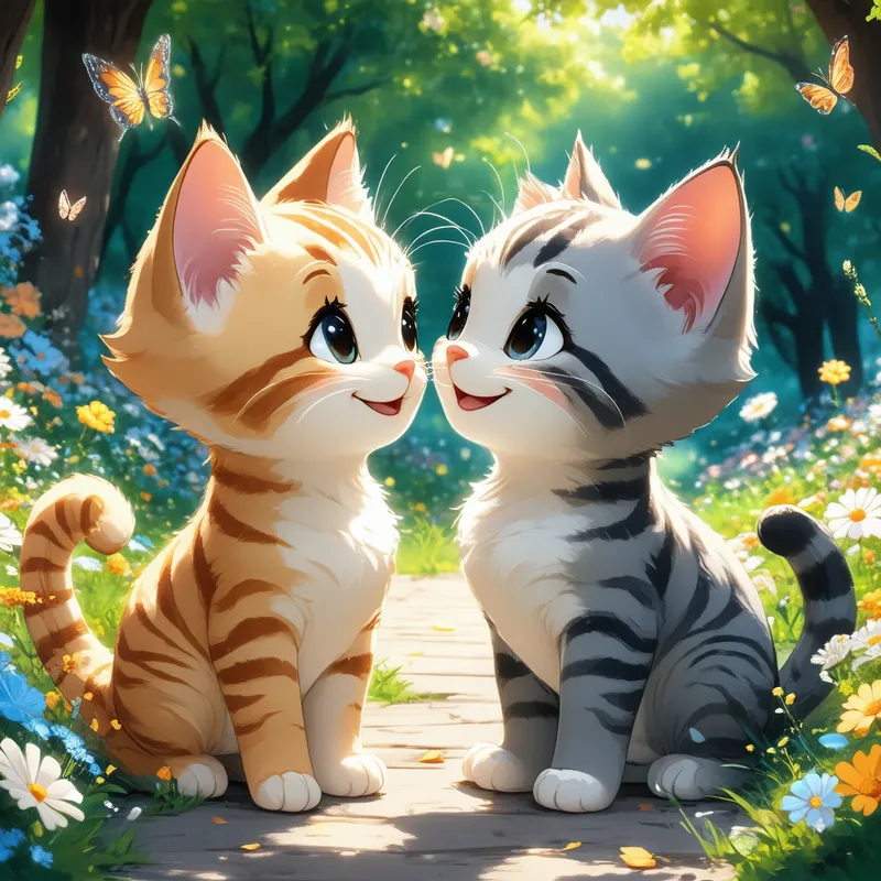 Curious Cats Meet in Sunny Park - Two cute cartoon cats meet in a sunny park filled with flowers and butterflies. One is orange with stripes, the other gray with a white belly. They look at each other curiously, then touch noses and smile. Wholesome, soft lighting, Studio Ghibli style. - high dynamic range, cartoony, photorealistic