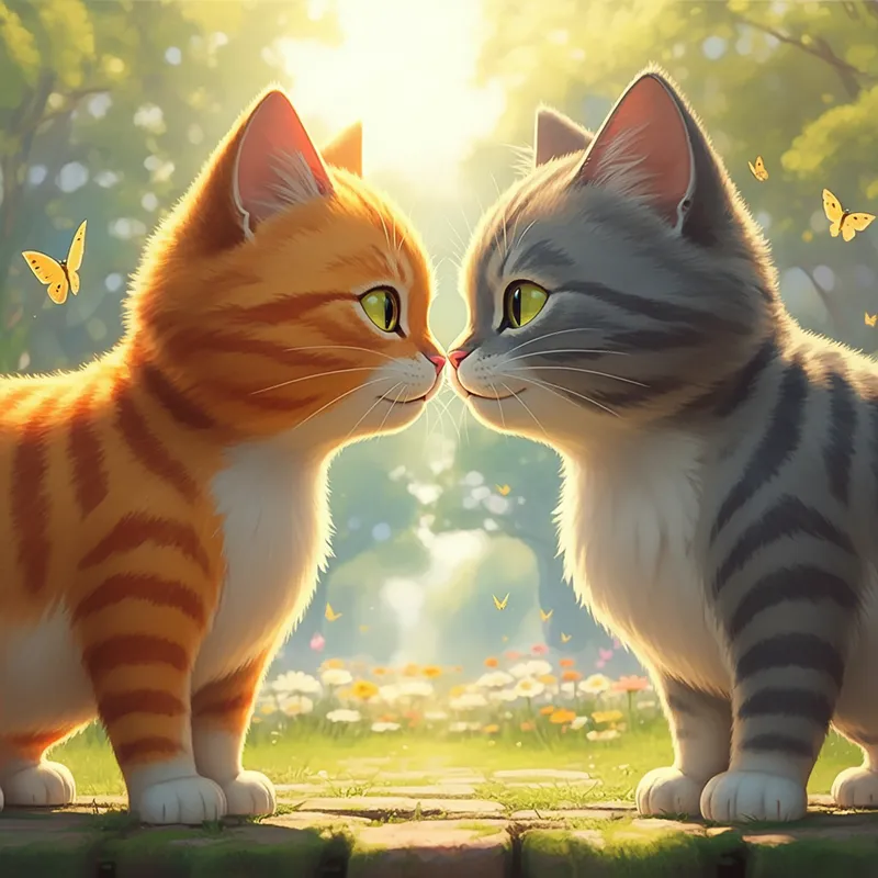 Curious Cats Meet in Sunny Park - Two cute cartoon cats meet in a sunny park filled with flowers and butterflies. One is orange with stripes, the other gray with a white belly. They look at each other curiously, then touch noses and smile. Wholesome, soft lighting, Studio Ghibli style. - AI image generated with Imagen 3 - high dynamic range, cartoony, photorealistic