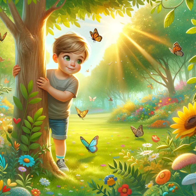 Curious Explorer - A little boy in a diaper peeking out from behind a tree in a vibrant park, with birds and butterflies around him. - AI image generated with Art