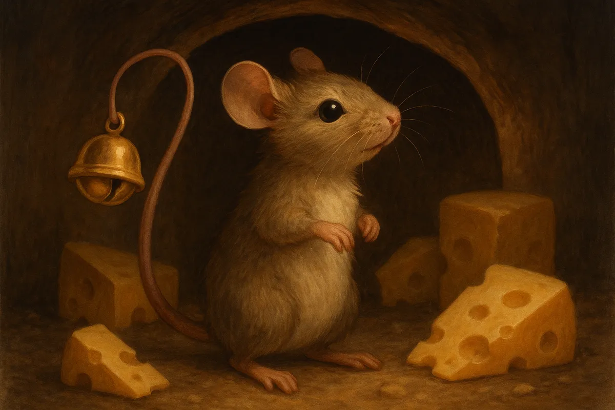 Curious Mouse with a Bell - A small, curious mouse standing on hind legs with a shiny golden bell attached to the end of its tail, set in a cozy, dimly lit mouse hole with pieces of cheese around. - AI image generated with GPT Image