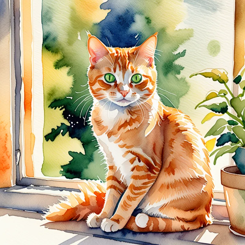Curious Orange Tabby in Sunlight - A small orange tabby cat with striking green eyes, sitting on a sunlit windowsill, gazing curiously outside. Soft sunlight highlights its playful whiskers and fluffy fur. - AI image generated with Fictional - watercolor, cartoony