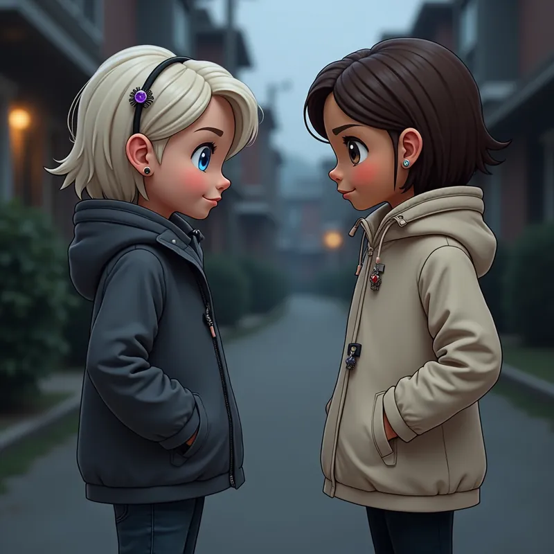 Curious Teens' Urban Encounter - A realistic image of a white American teenage female wearing a dark grey windbreaker jacket, very short platinum blonde hair, light blue eyes,wearing purple and black hair clips and earrings, dark denim jeans, curious expression, head turned towards a Mexican teenage female with short brown hair, wearing a cream colored parka, black pants, dark neighborhood background - AI image generated with Photorealistic 2