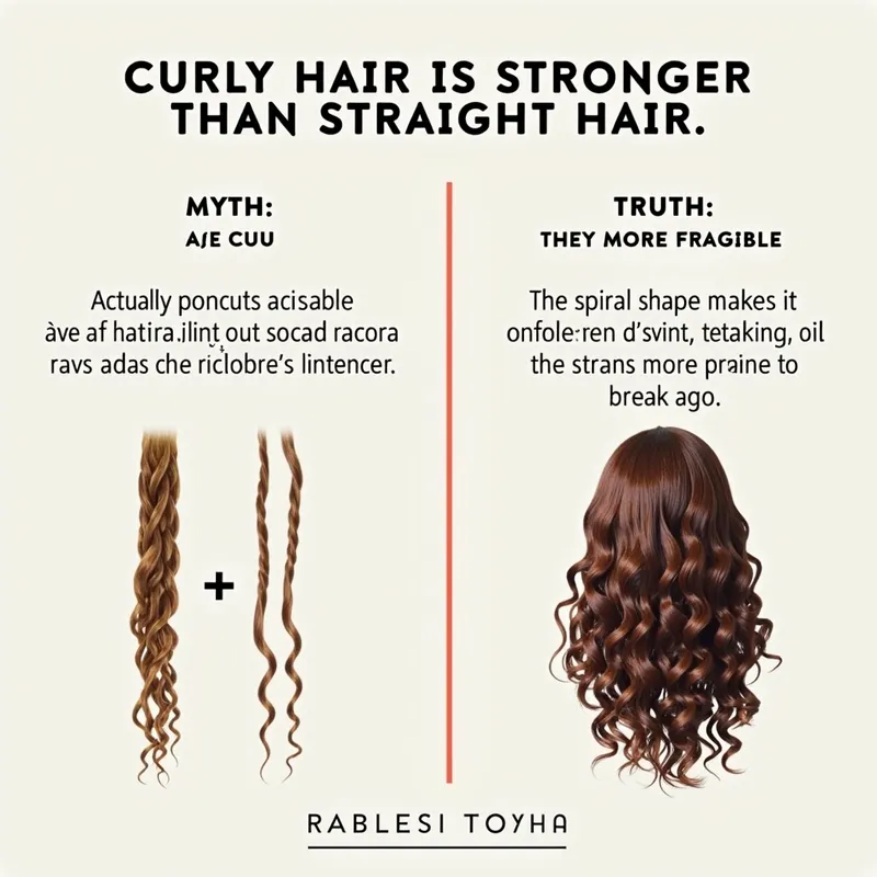Curls vs Straight: Fragility Truth - 2. Image in Portuguese
2 – Myth:
Text: "Curly hair is stronger than straight hair."
Truth: "Actually, they are more fragile! The spiral shape makes it difficult for natural oil to distribute, making the strands more prone to breakage."
Visual: Comparison between a straight strand and a curly strand, highlighting the fragility of curls. - AI image generated with Text