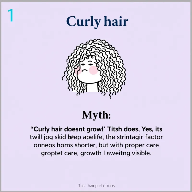 Curly Growth Myth Busted - 1. Image 1 – Myth:

Text: "Curly hair doesn't grow!"

Truth: "Yes, it does! The shrinkage factor makes it look shorter, but with proper care, growth is healthy and visible."

Visual: Lavender-toned background with an illustration of curly hair growing. - AI image generated with Text