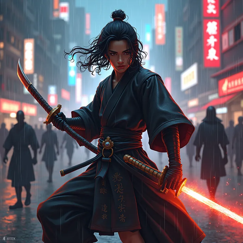 Curly-Haired Defender - Set in a dazzling neon city, a black samurai with light brown skin and mid-length loose curly hair displays his prowess. He clutches a formidable sword in one hand and a glowing rasengan in the other, surrounded by a host of ninjas and under a light rain. - AI image generated with Flux
