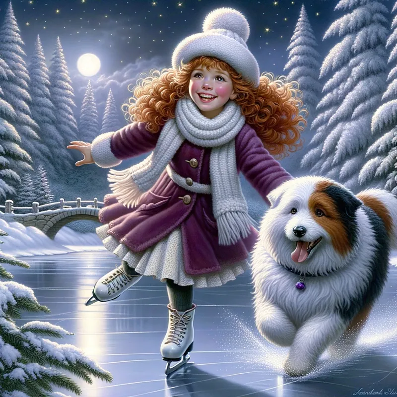 Curly-Haired Skater, OESD, Snowy Night - A REALISTIC cute girl long curly red hair wearing purple jacket white cap scarf skating happily on the icy pond a big Old English Sheep Dog chacing her around, the trees covered with snow, beautiful stars and the moon in the sky NORMAN ROCKWELL art style - AI image generated with Art