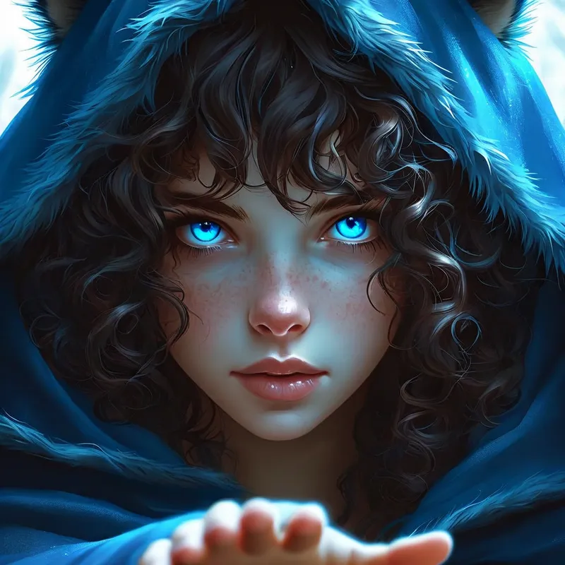 Curly-Haired Wolf-Guardian - A mystical scene featuring a young woman with dark brown curly hair, tousled bangs, and vibrant blue eyes. Her deep blue cloak is open at the top where a pair of furry wolf ears emerge. She reaches forward, offering a hand to the viewer, exuding reassurance and protection. - AI image generated with Nova Canvas