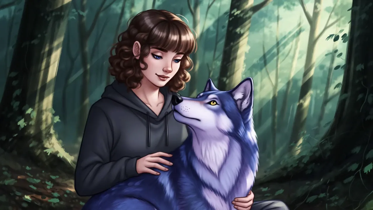 Curly-Haired Woman with Wolf in Woods - Illustration style; a woman with brown curly hair and bangs, blue eyes in a dark hoodie. She sits in the woods with a blue and purple wolf on her lap. - AI video generated with Veo 3