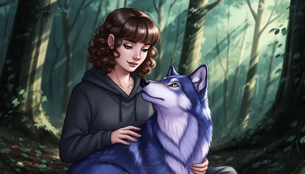 Curly-Haired Woman with Wolf in Woods