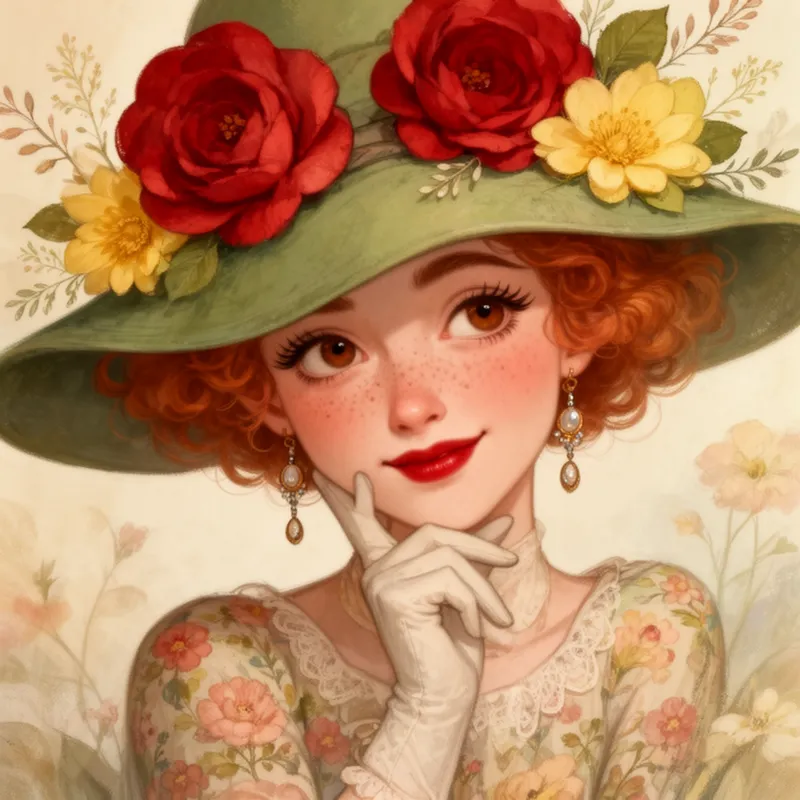 Curly Red Garden Belle - A dreamy stylized illustration of a fashionable young woman with curly red hair, partially hidden beneath a wide green hat embellished with large red and yellow flowers and soft botanical accents. She has curled lashes, arched brows, warm brown eyes, freckles, rosy cheeks, and red lips, with her chin resting on a gloved hand in a thoughtful playful pose. Her floral-patterned outfit and dangling earrings create a whimsical vintage look. Rich textures, charming character design, painterly finish, lighthearted and elegant atmosphere. - AI image generated with Flux 2