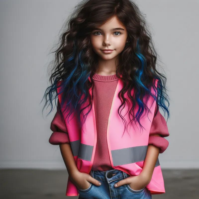 Curly-haired Girl with Blue Streaks - A young girl with dark brown curly hair accented with blue streaks. She is wearing a bright pink traffic vest and casual blue jeans. She stands confidently, bringing a touch of vibrant energy to her surroundings. - AI image generated with Art