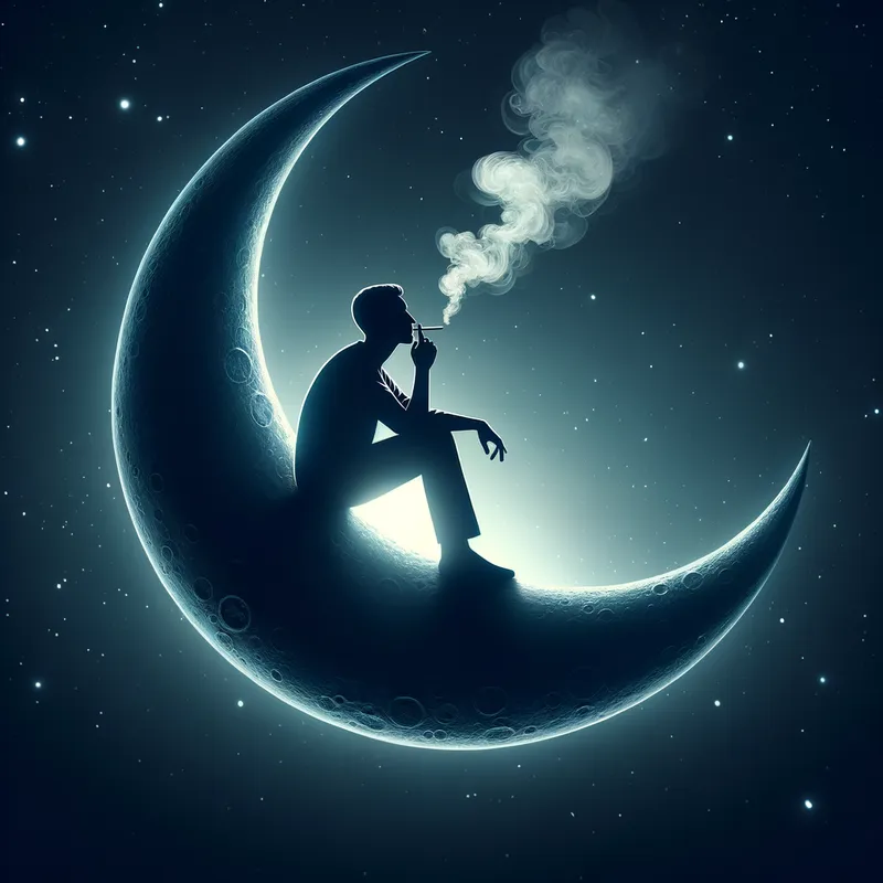 Curved Moon Smoker - silhouette of a man smoking on a curved moon - AI image generated with Art