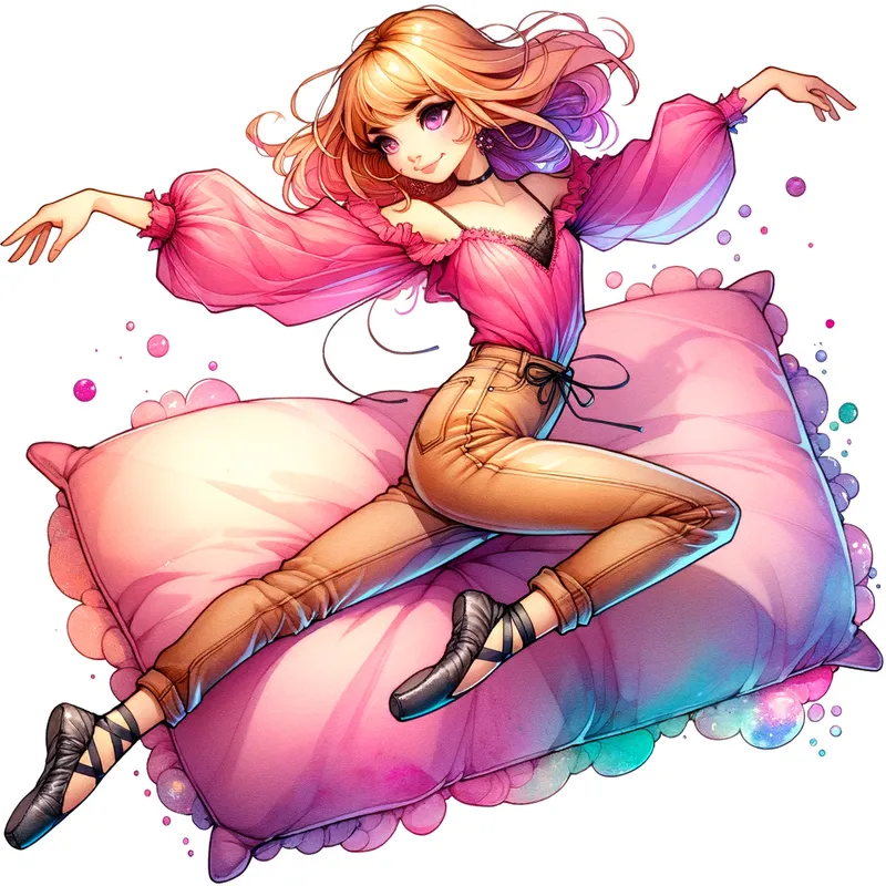Cushioned Descent - An anime ballerina clad in a pink blouse, beige leather jeans, and black ballet pointe shoes, shown in midair, just moments before landing on a giant soft pillow. Digital art. Anime. Illustration. - AI image generated with Art - alcohol ink, cartoony, colorful