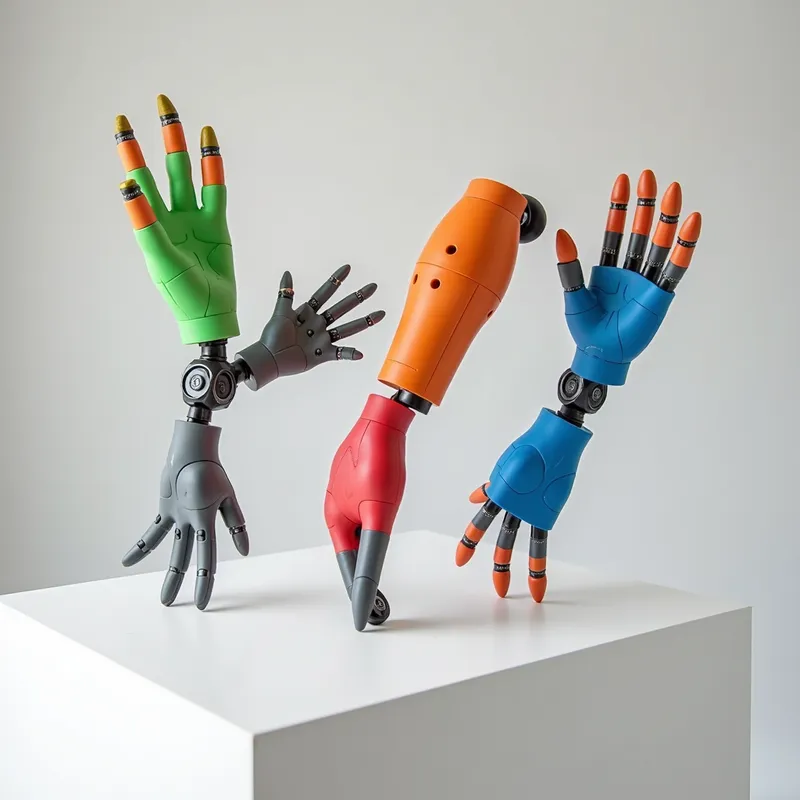 Customizable Prosthetic Arm - A vibrant and colorful 3D printed prosthetic arm that is fully customizable. The arm features interchangeable panels and attachments for both functionality and personalization. Displayed on a white pedestal with a minimalist background, emphasizing the innovation in personalized prosthetic solutions. - AI image generated with Photorealistic 2