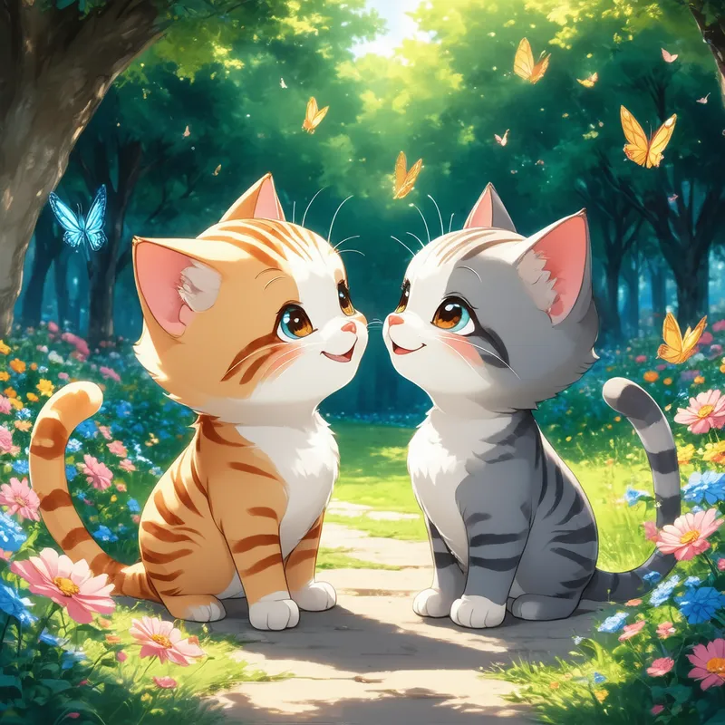 Cute Cats Meet in Sunny Park - Two cute cartoon cats meet in a sunny park filled with flowers and butterflies. One is orange with stripes, the other gray with a white belly. They look at each other curiously, then touch noses and smile. Wholesome, soft lighting, Studio Ghibli style. - high dynamic range, cartoony, photorealistic