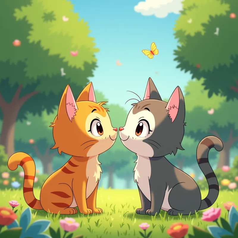 Cute Cats Meet in Sunny Park - Two cute cartoon cats meet in a sunny park filled with flowers and butterflies. One is orange with stripes, the other gray with a white belly. They look at each other curiously, then touch noses and smile. Wholesome, soft lighting, Studio Ghibli style. - AI image generated with Photorealistic 2 - high dynamic range, cartoony, photorealistic