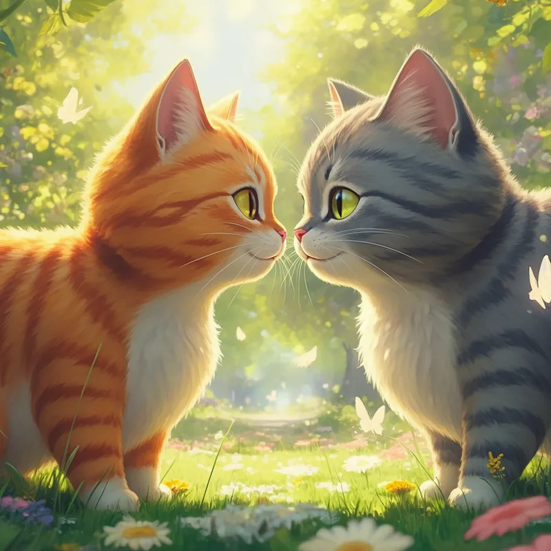 Cute Cats Meet in Sunny Park - Two cute cartoon cats meet in a sunny park filled with flowers and butterflies. One is orange with stripes, the other gray with a white belly. They look at each other curiously, then touch noses and smile. Wholesome, soft lighting, Studio Ghibli style. - AI image generated with Imagen 3 - high dynamic range, cartoony, photorealistic