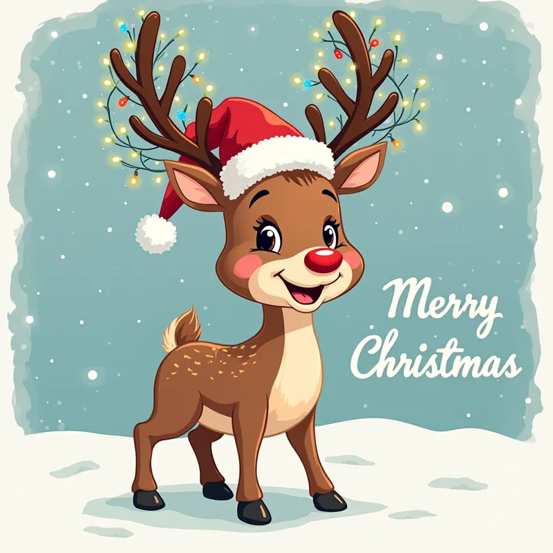 Cute Christmas Reindeer - A playful vector of a smiling reindeer wearing a Santa hat with twinkling fairy lights tangled in its antlers, set against a snowy background with festive typography reading 'Merry Christmas', designed for a cheerful t-shirt print. - AI image generated with Photorealistic 2