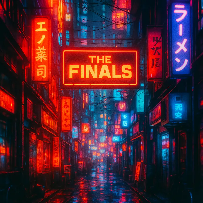 Cyber Alley Celebration - An atmospheric alleyway in a cyberpunk city, lit up by neon signs and banners. Among them, 'The Finals' stands out prominently, creating a lively and intense atmosphere as residents prepare for the event. - AI image generated with GPT Image - vivid colors, highlights: Nikon D700, Nikkor 50mm 1.8, abstract