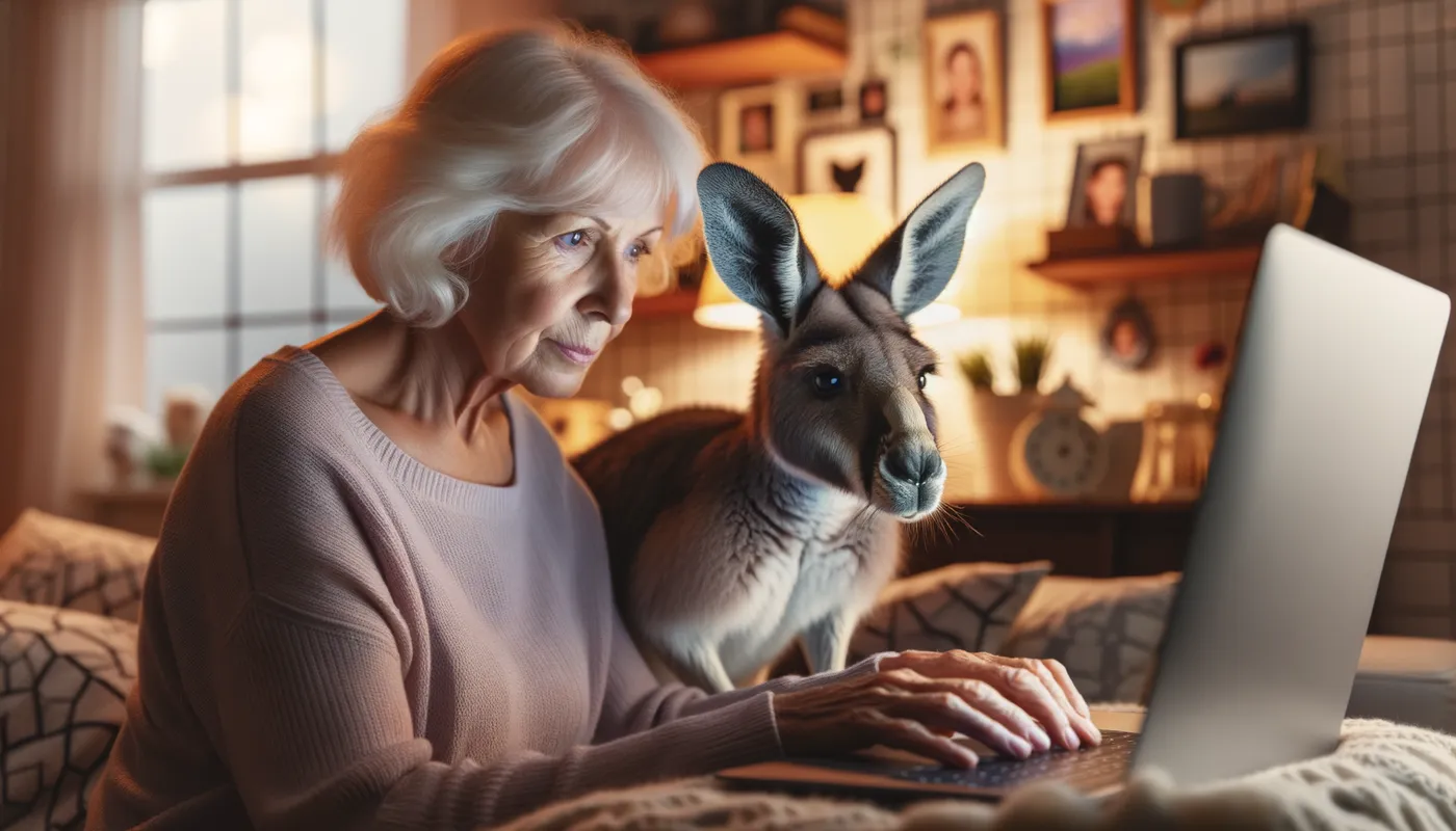 Cyber Companions - A serene picture featuring an elderly woman concentrating on her computer tasks, while her pet kangaroo looks over her shoulder attentively, in a cozy, warmly-lit room filled with personal touches. - AI image generated with Art