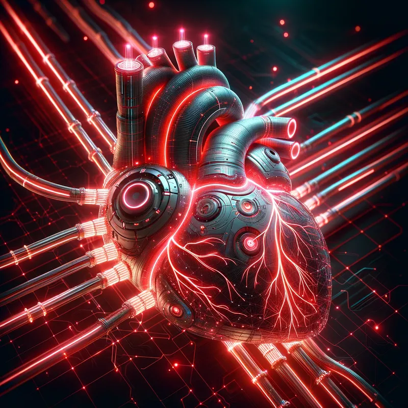Cyber Heartbeat - A futuristic biomechanical heart, crafted from advanced alloys and connected by fiber optic nerves, emitting a rhythmic pulse of neon-red. - AI image generated with Art