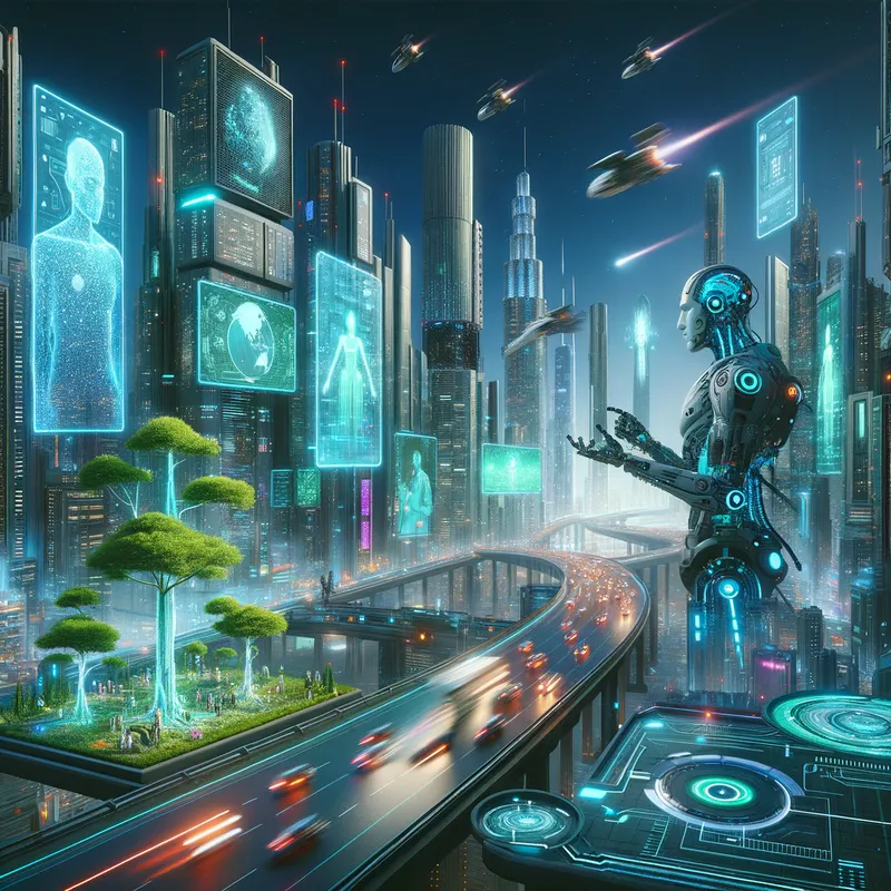 Cybernetic Fusion - A futuristic cityscape at night, illuminated with neon lights and holographic advertisements. Advanced cybernetic beings and humans coexist, showcasing the integration of cutting-edge technology and traditional elements. Hovering vehicles zip through the air, and towering skyscrapers with lush green vertical gardens symbolize innovation in urban living. The scene highlights the seamless blend of the digital and organic worlds in a high-tech environment. - AI image generated with Art