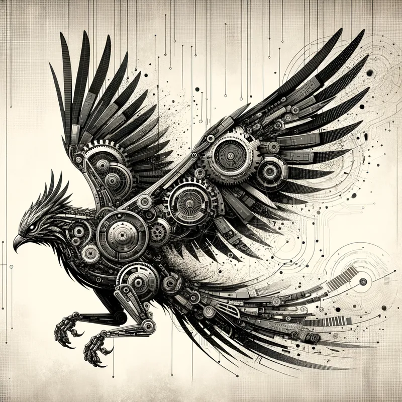 Cybernetic Phoenix Ascending - An intricate, mechanical robotic phoenix in flight, designed in detailed black and gray, featuring complex gears, cybernetic details, and metallic feathers. The background includes subtle geometric sci-fi elements such as circuitry and data streams, all in black and gray tones. The overall design fades out into the skin with soft, blended edges, emphasizing the dynamic and striking mechanical phoenix as the central focus. - AI image generated with Art
