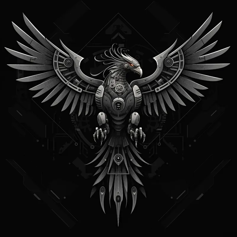 Cybernetic Phoenix Ascending - An intricate, mechanical robotic phoenix in flight, designed in detailed black and gray, featuring complex gears, cybernetic details, and metallic feathers. The background includes subtle geometric sci-fi elements such as circuitry and data streams, all in black and gray tones. The overall design fades out into the skin with soft, blended edges, emphasizing the dynamic and striking mechanical phoenix as the central focus. - AI image generated with Imagen 3