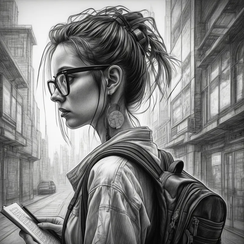 Cyberpunk Academic Journey Pencil Sketch - black and white picture of a woman going through an academic and professional journey pencil drawing - AI image generated with Photorealistic - over-the-shoulder, cyberpunk
