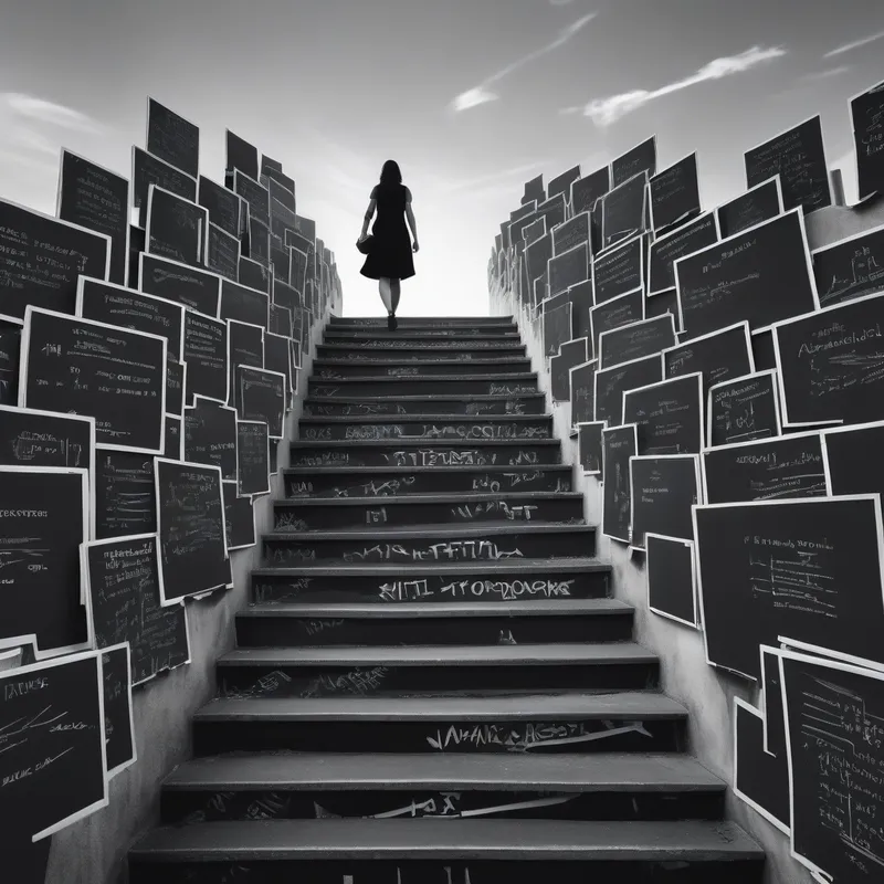 Cyberpunk Academic Staircase to Success - A monochrome, landscape-oriented image of a staircase made of diplomas and chalkboards ascending toward a bright horizon, with a woman silhouette climbing steadily, representing progress in academia and teaching careers. - AI image generated with Photorealistic - cyberpunk