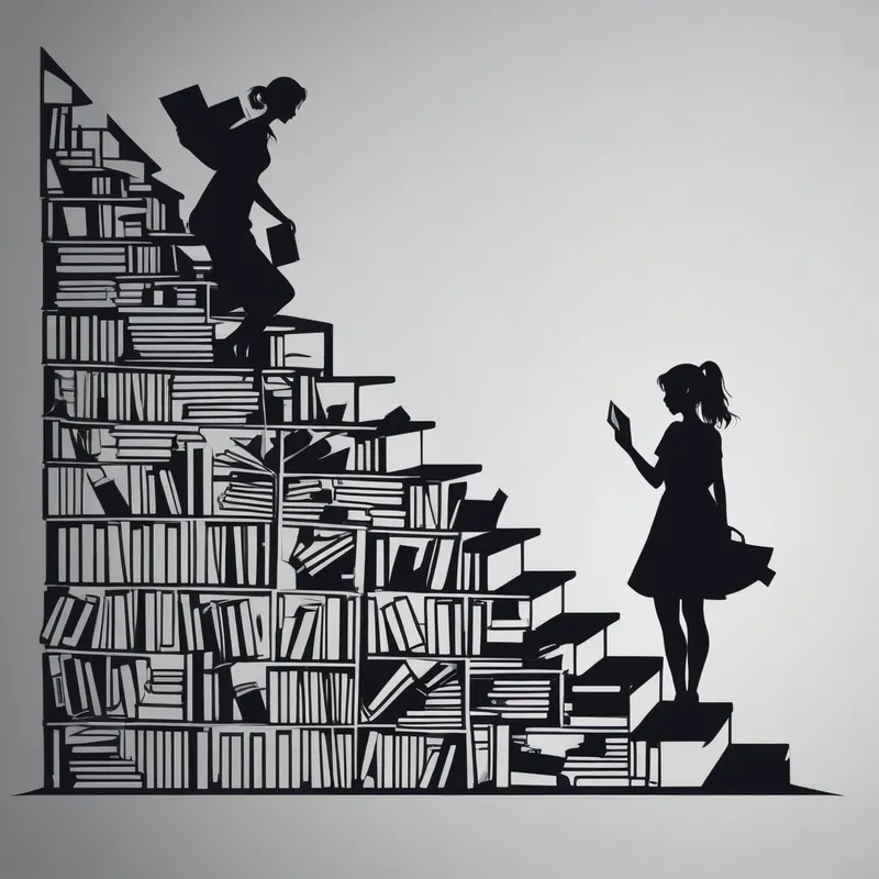 Cyberpunk Book Stairs Minimalist Art - image of stacked books that make a staircase with a silhouette of a woman half way up and making her way to the top - AI image generated with Photorealistic - cyberpunk, minimalist line art