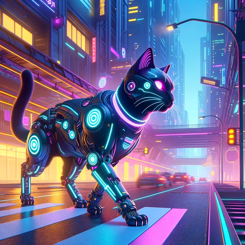 Cyberpunk Cat - A futuristic cat equipped with neon accents and robotic enhancements, prowling the streets of a cyberpunk cityscape. - AI image generated with Art