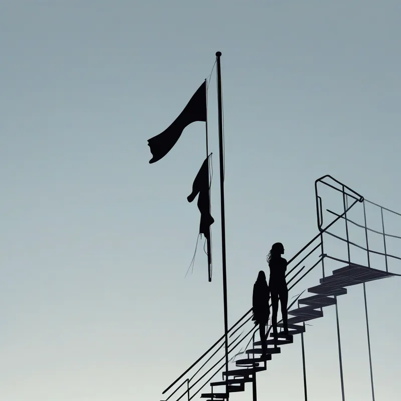 Cyberpunk Flag Ascent in Line Art - a positive image of a flag at the top of a staircase with a silhouette of a woman leading people up the stairs cyberpunk cyberpunk, minimalist line art - AI image generated with Photorealistic - cyberpunk, minimalist line art