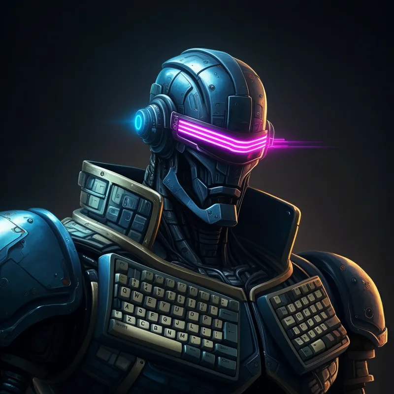Cyberpunk Keyboard Mech - A robot made out of keyboards, strong anime style, metallic shiny armour and a neon visor  - AI image generated with Imagen 3 - cyberpunk