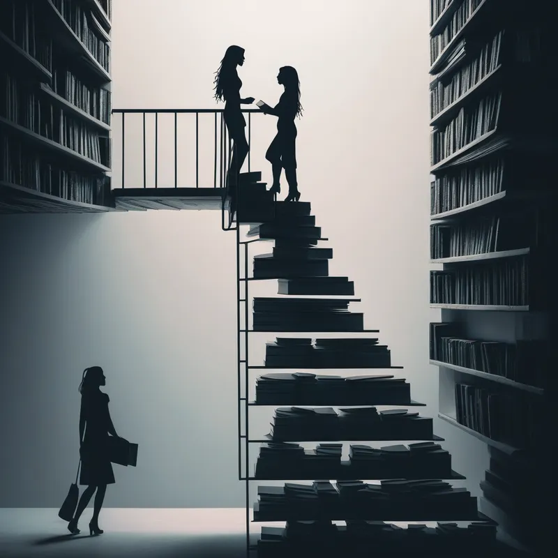 Cyberpunk Minimalist Book Staircase - image of stacked books that make a staircase that has a front on view. There is  a silhouette of a woman half way up, making her way to the top - AI image generated with Photorealistic - cyberpunk, minimalist line art