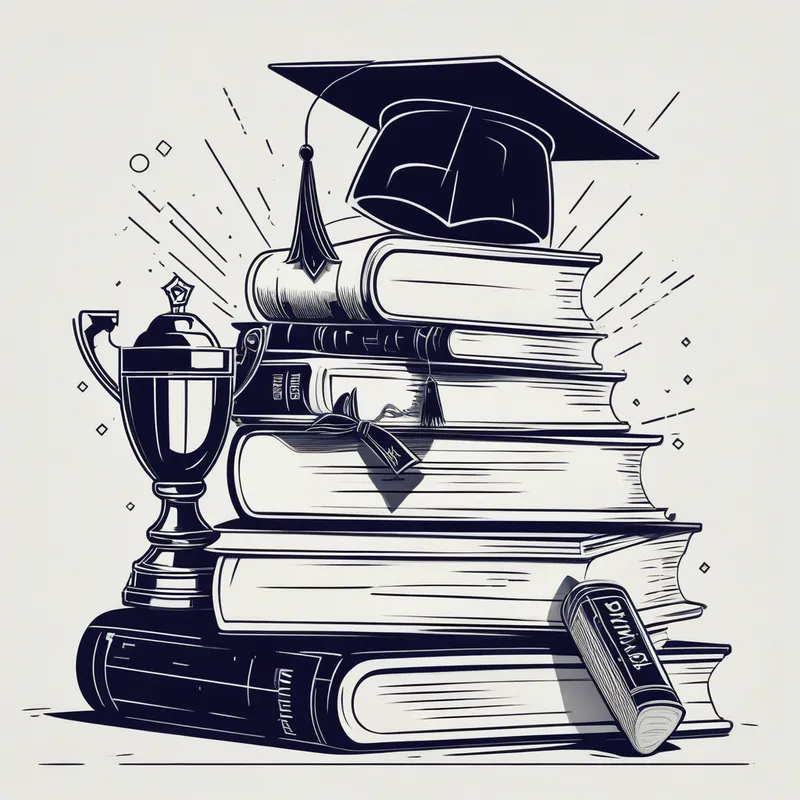 Cyberpunk Minimalist Graduation Icons - image of stacked books, a trophy, and a graduation cap - AI image generated with Photorealistic - cyberpunk, minimalist line art