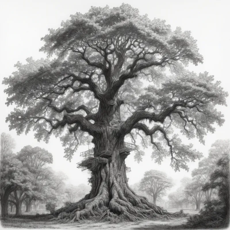Cyberpunk Oak: Pencil Drawing in B&W - black and white image of a strong oak tree standing tall and lush - AI image generated with Photorealistic - pencil drawing, cyberpunk