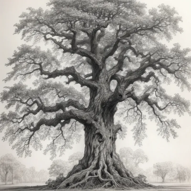 Cyberpunk Oak Tree Pencil Drawing - black and white image of a strong oak tree standing tall - AI image generated with Photorealistic - pencil drawing, cyberpunk