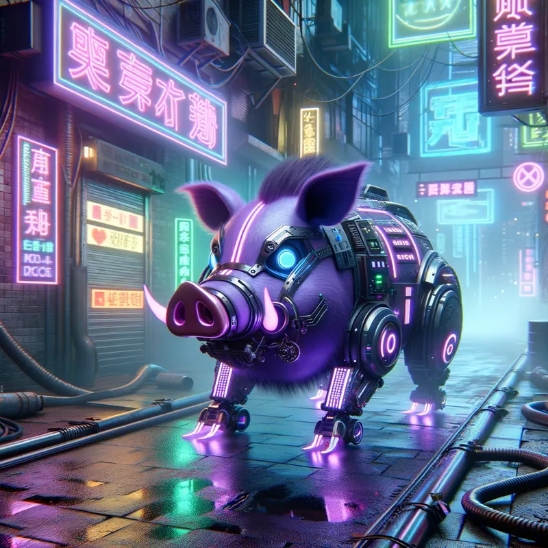 Cyberpunk Purple Hog - An image of a purple hog in an urban cyberpunk setting. The hog is adorned with futuristic technology and neon lights, roaming through a neon-lit alley with holographic billboards and a gritty, industrial atmosphere. - AI image generated with Art