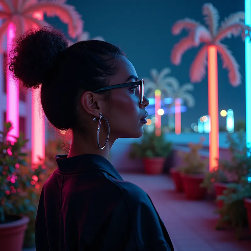 Cyberpunk Rooftop Garden Portrait - An adult woman, {A professional dark theme closeup photo of a woman, with natural hair and a updo hairstyle, wearing glasses, , , cyberpunk rooftop garden with neon plants glowing in the night, detailed background - AI image generated with Photorealistic 2 - abstract