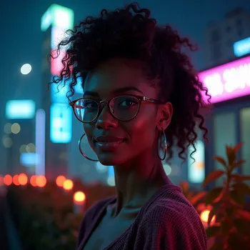Cyberpunk Rooftop Woman with Neon Plants