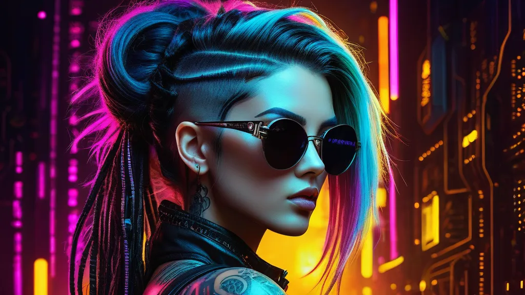 Cyberpunk Sorceress Masterpiece - dynamic and vividly striking portrait of a cute sexy and alluring young tattooed cyberpunk Sorceress with extreme hair, wearing mirrorshades, with techno-magic effects surrounding her, neon cyberpunk digital computer code background, fantasy art illustration - AI image generated with Fictional - dark tones, cyberpunk, alcohol ink