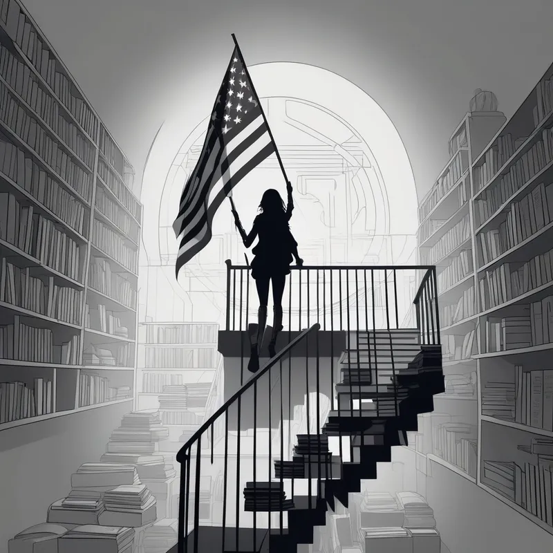 Cyberpunk Staircase to Knowledge - a positive image of a flag at the top of a staircase filled with books and with a silhouette of a woman leading people up the stairs cyberpunk cyberpunk, minimalist line art - AI image generated with Photorealistic - cyberpunk, minimalist line art