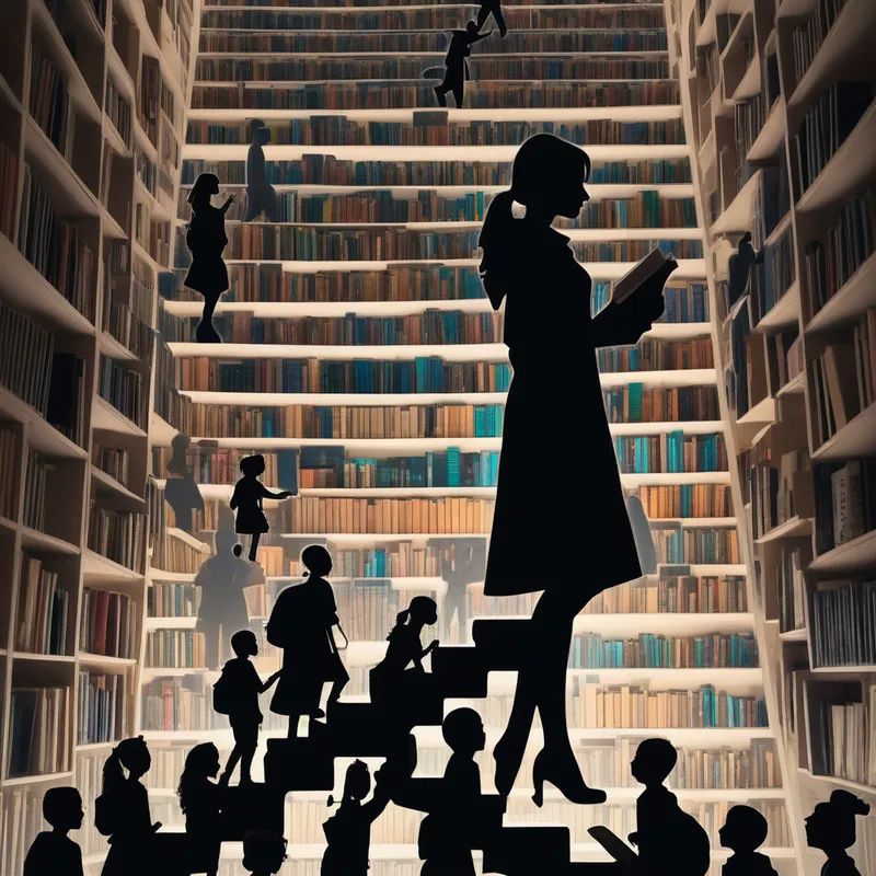 Cyberpunk Woman Leading Up Book Stairway - a positive image of a silhouette of a woman leading teachers and students up a staircase made by books  - AI image generated with Photorealistic - cyberpunk