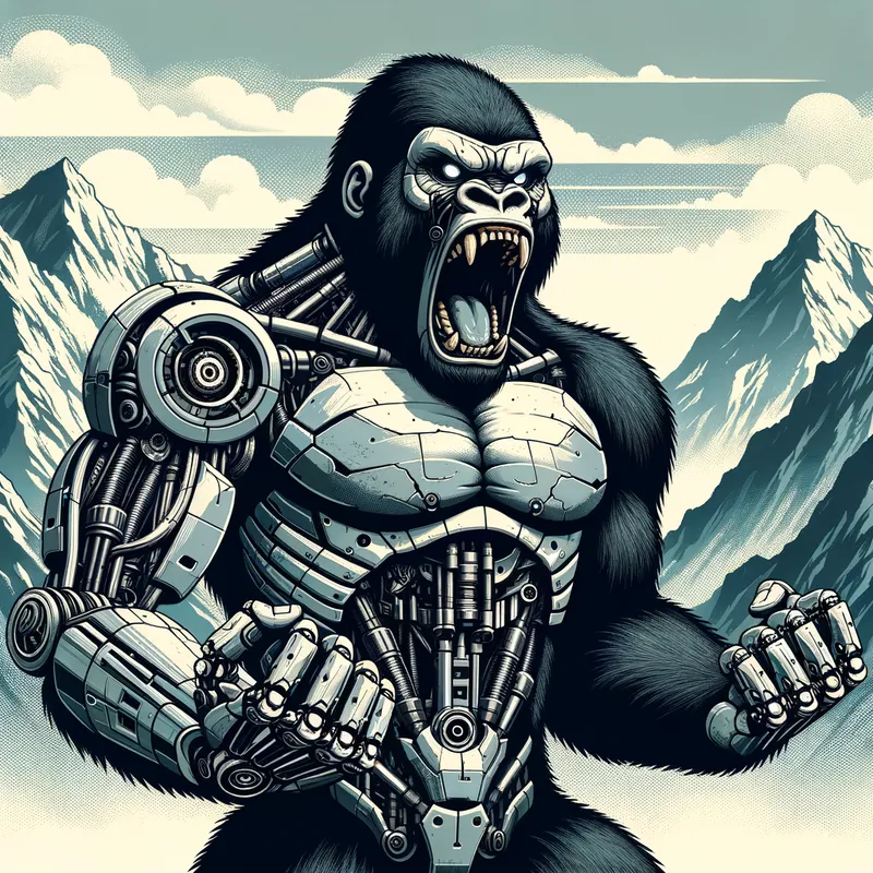 Cyborg Ape Uprising - An irate half-machine gorilla with advanced robotic limbs, standing defiantly before a formidable mountain range, its arms raised high in a show of raw power. - AI image generated with Art