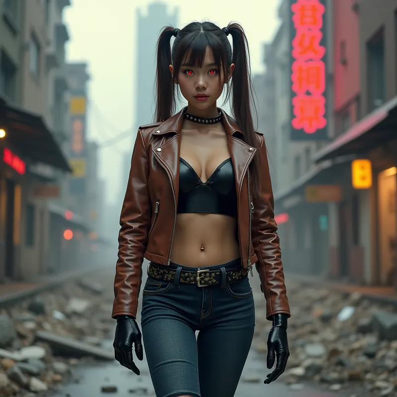 Cyborg Elegance Amidst Ruins - An elegant Asian female cyborg with luminous red eyes and brunette hair in playful double ponytails. She dons a brown leather jacket unzipped to reveal a plunging top, slim-fit dark blue jeans held up by a bold belt, and gleaming tall black riding boots. Her look is completed by fitted black leather gloves. The scene is set in a devastated, futuristic city with crumbling buildings and flickering neon. - AI image generated with Photorealistic 2